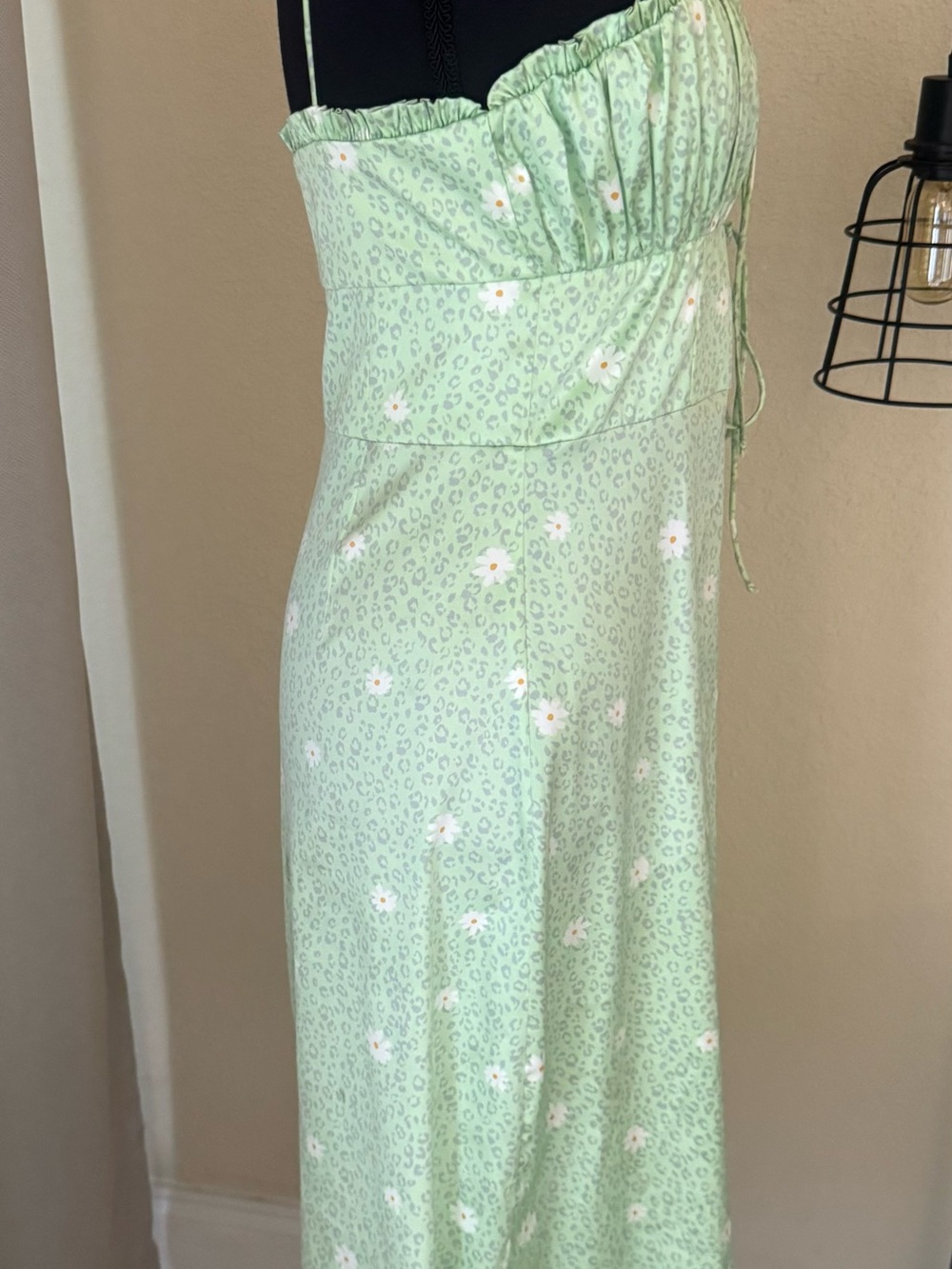 For Love & Lemons Robin Cheetah Midi Dress Green Floral Tie Strap Size S - Picture 5 of 10